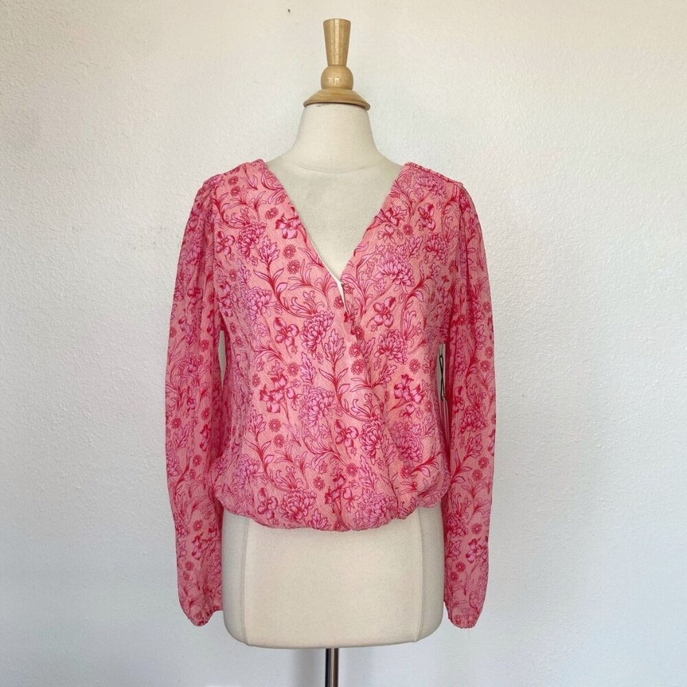 MIDNIGHT SKY Pink Floral Pleated Tie Back Long Sleeve Blouse Women's Size Large
